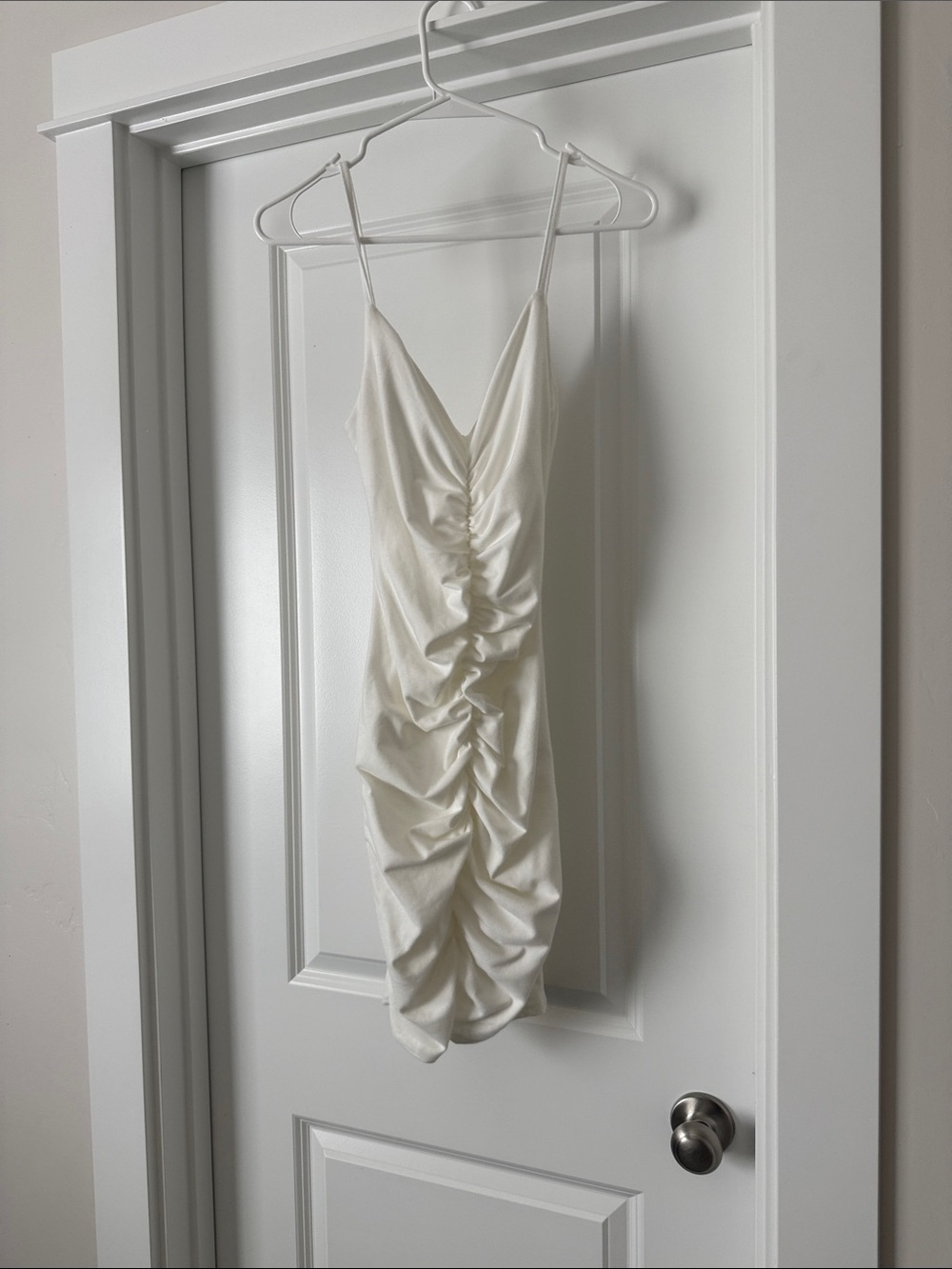White Ruched Spaghetti Strap Dress